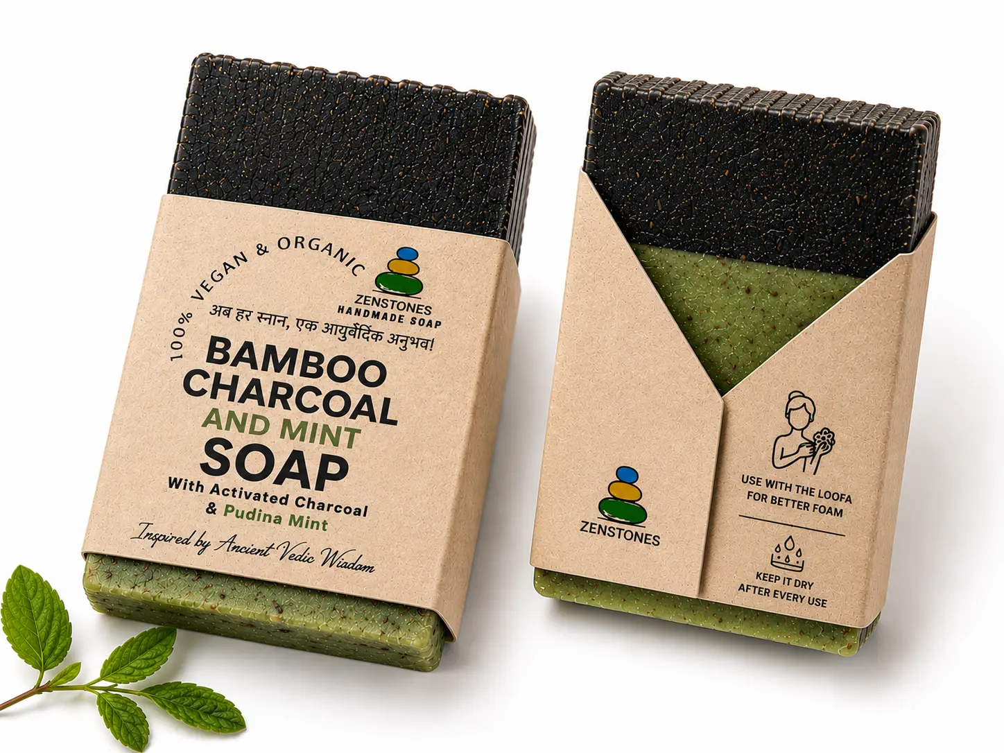 Two Zenstones Bamboo Charcoal and Pudina Mint handmade soaps