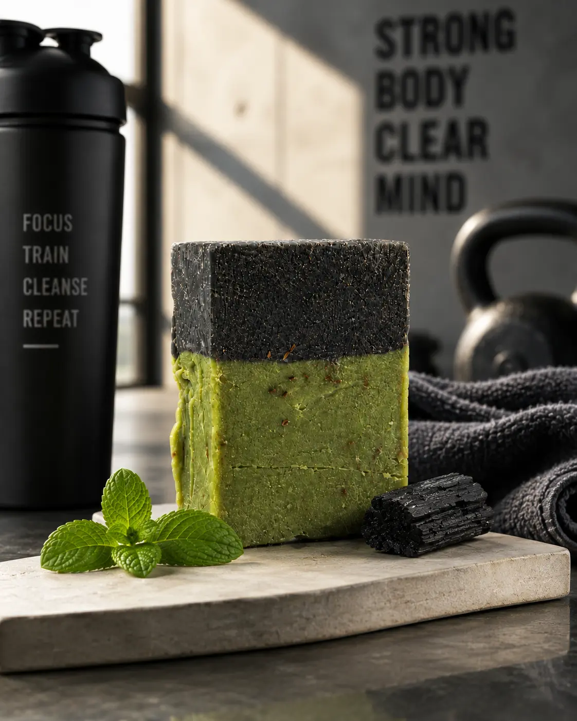 Zenstones Bamboo Charcoal and Pudina Mint Soap in a post-workout gym setting Description: