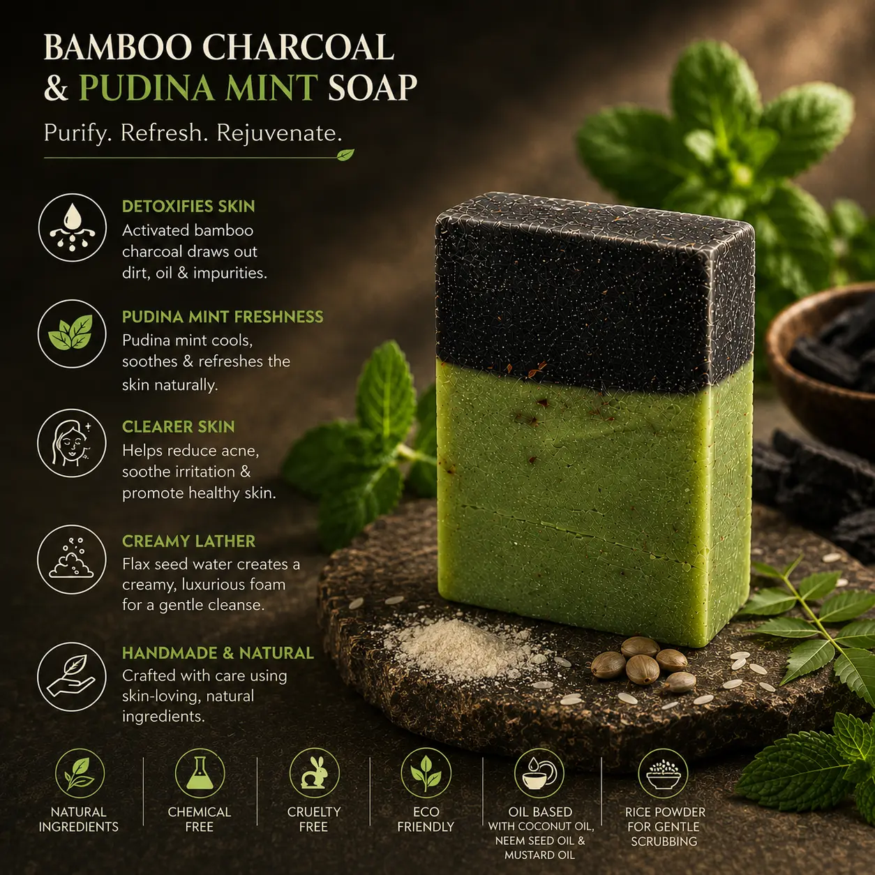 Zenstones Bamboo Charcoal and Pudina Mint Soap ingredients benefits and natural skincare properties