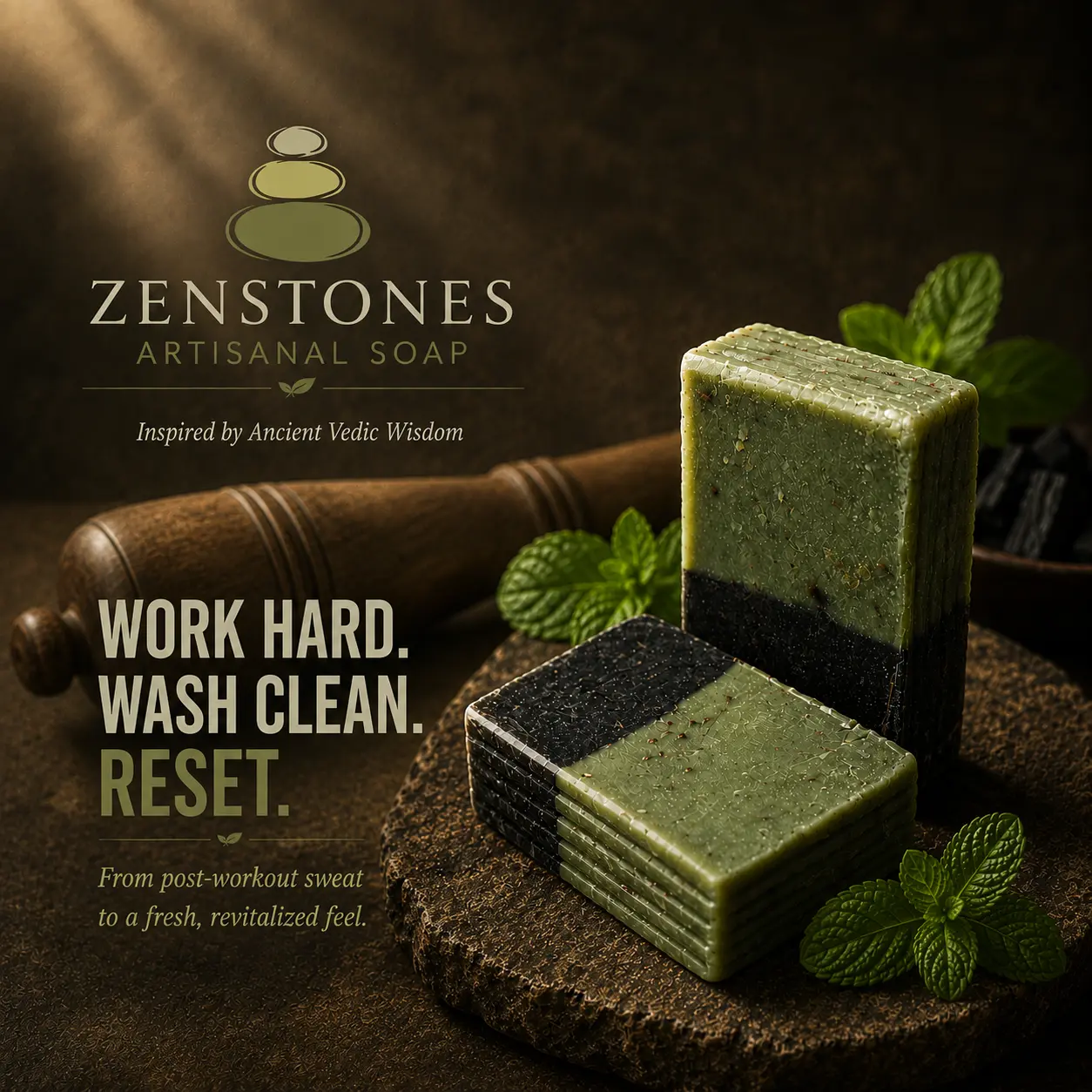 Zenstones Bamboo Charcoal and Pudina Mint Soap with post-workout Work Hard Wash Clean Reset theme