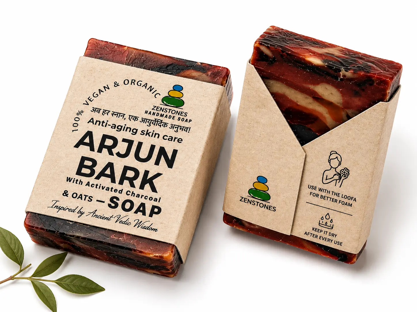 Zenstones Arjun Bark handmade soap with activated charcoal and oats, shown in its eco-friendly paper packaging