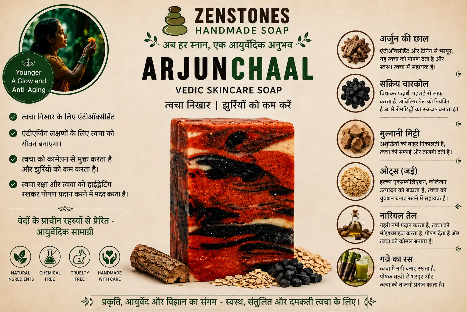 ज़ेनस्टोन्स अर्जुनछाल आयुर्वेदिक साबुन, अर्जुन की छाल, सक्रिय चारकोल, मुल्तानी मिट्टी, ओट्स और प्राकृतिक सामग्री के साथ