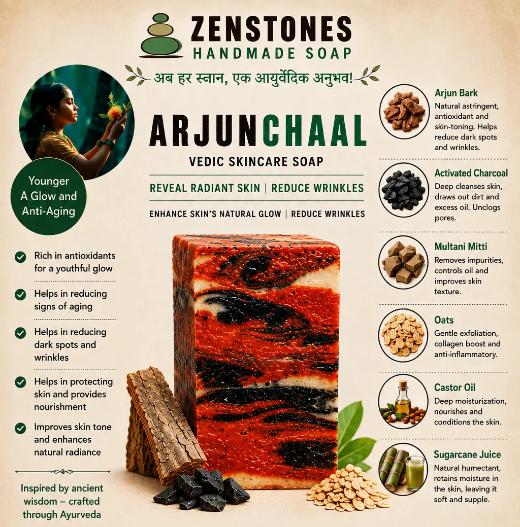 Zenstones Arjunchaal Vedic Skincare Soap with Arjun bark, activated charcoal, Multani Mitti, oats, castor oil and sugarcane juice