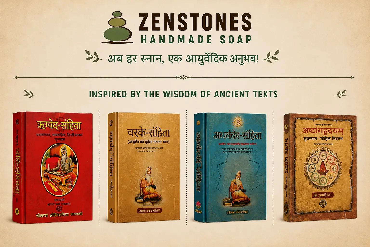 Zenstones Handmade Soap poster showing ancient Ayurvedic texts including Charaka Samhita and Ashtanga Hridayam