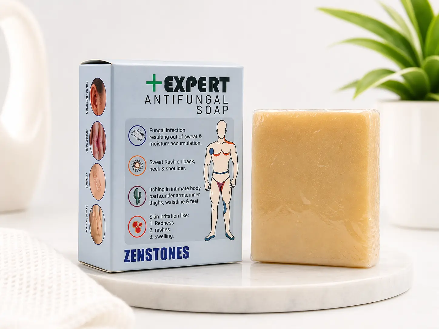 ZENSTONES +EXPERT Antifungal Soap box and pale beige soap bar