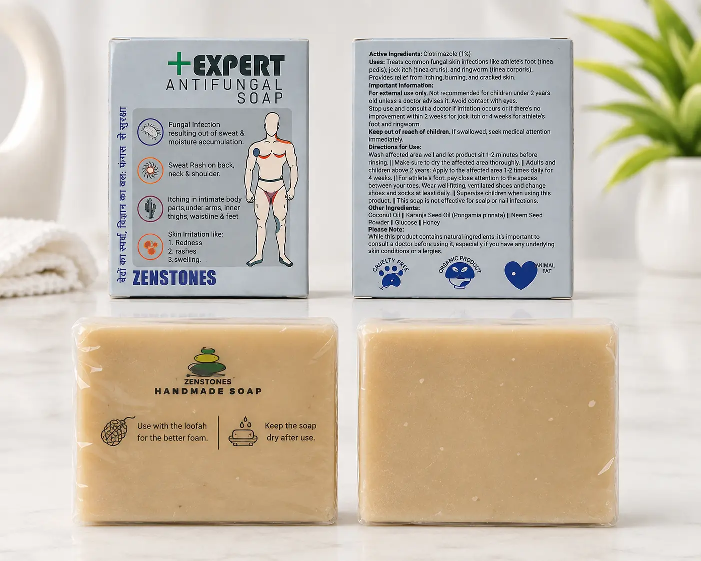 ZENSTONES +EXPERT Antifungal Soap showing front and back product packaging with soap bars