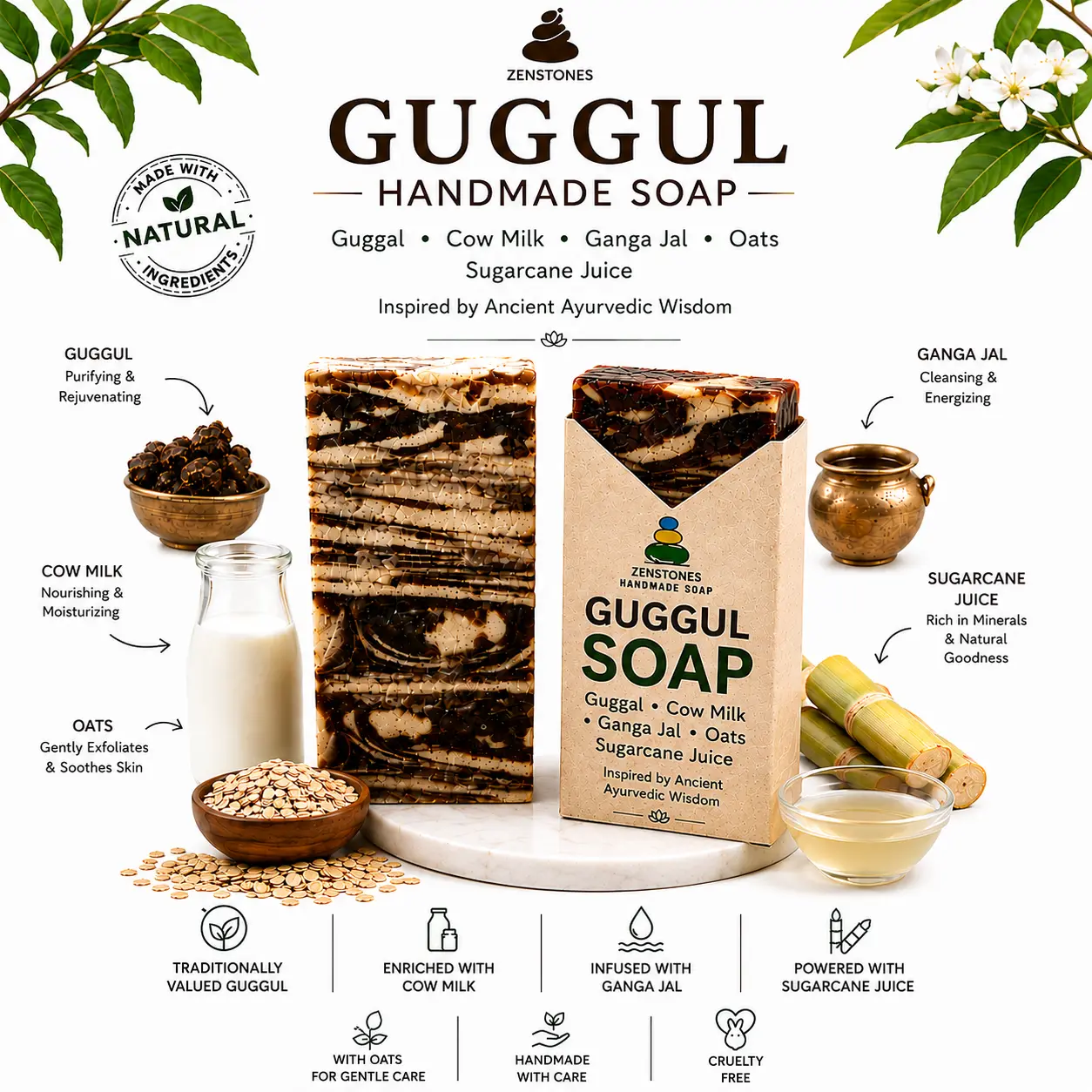 Zenstones Guggul handmade soap ingredient and texture poster
