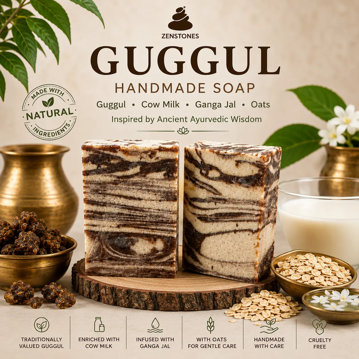 Guggul handmade soap with cow milk, Ganga Jal, oats and Guggul ingredients