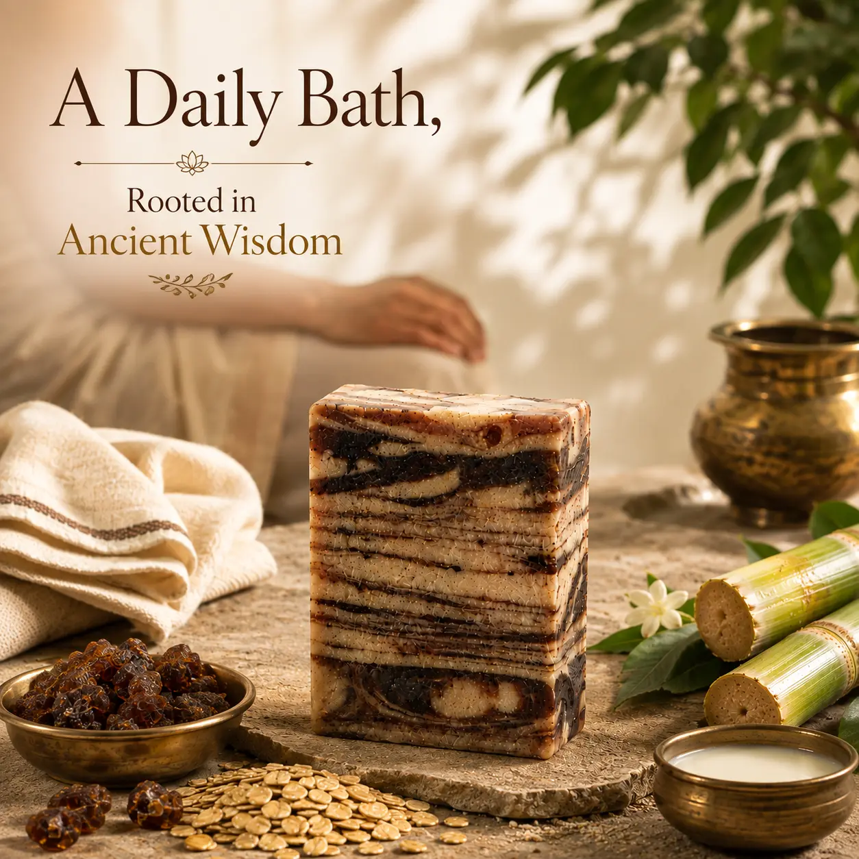 Zenstones Guggul soap ingredient infographic with Guggul cow milk Ganga Jal oats sugarcane